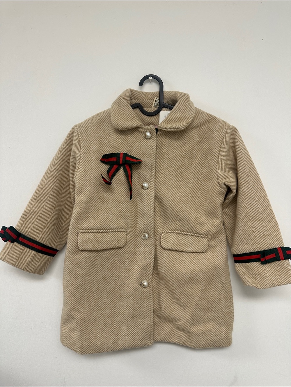 Kids Beige Herringbone Coat with Ribbon Trim
